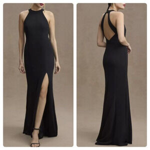 $220 BHLDN Lennox Halter Open Back Side Slit Crepe Gown in Black 2 NEW
